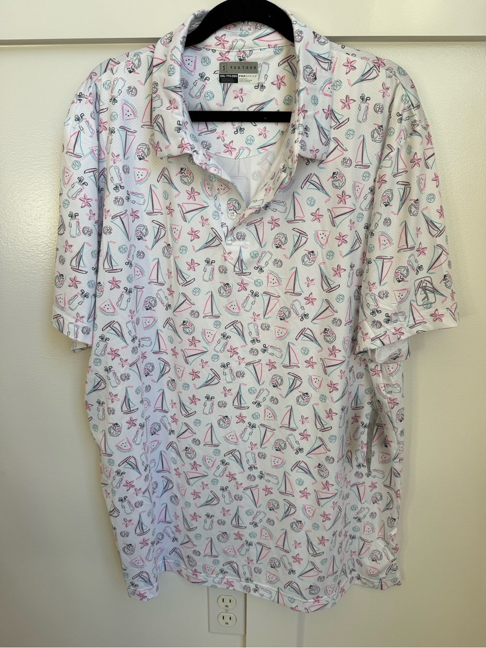 PGA tour White Coastal Print Short-Sleeve Polo golf XXL novelty beach sailboat
